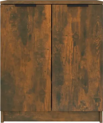 A close-up front view of a wooden cabinet with two doors.