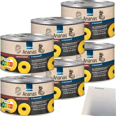 Produktbild von Edeka Ananas ganze Scheiben in Ananassaft fruchtig aromatisch 6er Pack (6x227g Dose) + usy Block