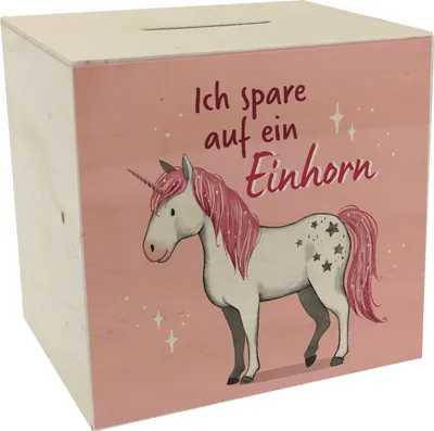 Produktbild von Einhorn Spardose aus Holz in rosa mit Spruch Ich spare auf ein Einhorn