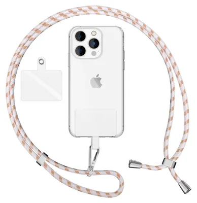 Zdjęcie produktu dla NALIA Uniwersalna smycz z 2 podkładkami i karabińczykiem - Łańcuszek na telefon komórkowy 160 cm - Biało-pomarańczowy