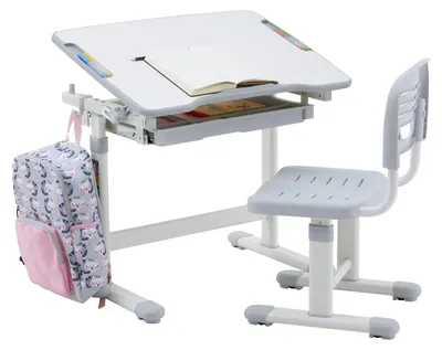 Produktbild von Kinderschreibtisch mit Stuhl TUTTO in weiß/grau höhenverstellbar und neigbar mit Schublade und Stifterinne, Schreibtisch höhenverstellbar für Kinder, Tisch mit neigbarer Arbeitsfläche mit Rucksackhalt