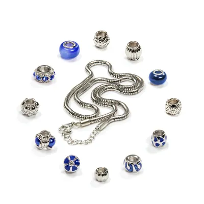 Produktbild von VALIOSA Mode-Schmuck Adventskalender mit Halskette, Armband + 22 individuelle Perlen-Anhänger aus Glas & Metall, Geschenkidee für Mädchen, blau, 24-teilig (1 Set)