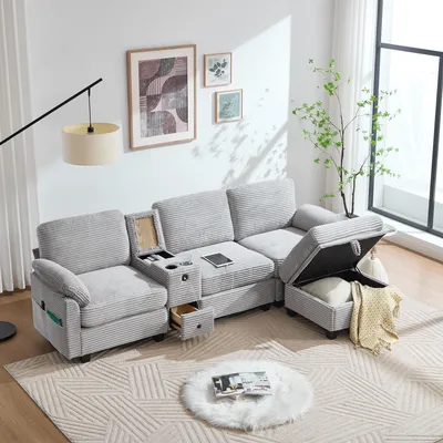 Produktbild von Cord Sofa L-Form Großes Ecksofa mit USB-C Mittelkonsole Getränkehalter Polstersofa Memory Foam Seitentasche Modular Couch mit Stauraum Hocker Beige