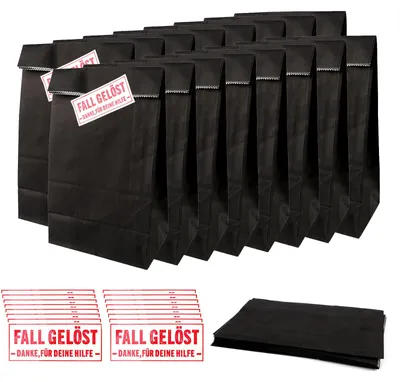 Produktbild von 16 schwarze Papiertassen mit Aufklebern für eine Kinderdetektivparty