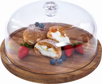 Produktbild von Tortenstaender mit Deckel, Holz, rund, 30,5 cm, 2-in-1-Desserttisch-Praesentationsset und Wurstbrett mit grosser Acryl-Kuchenglocke fuer Kaese, Chips, Dips, Nachos, Obstteller