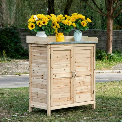 Produktbild von Pflanztisch verzinkte Metallplatte, Gartenschrank Tannenholz, Outdoor Holzschrank Naturholz | 2 Fächer | 13,95 kg | 83 x 40 x 92 cm