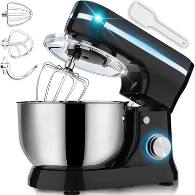 Produktbild von Küchenmaschine 2000W mit 6L Edelstahl-Rührschüssel inkl. Rührhaken, Knethaken, Schneebesen und Spritzschutz, 6 Geschwindigkeiten Schwarz Retoo
