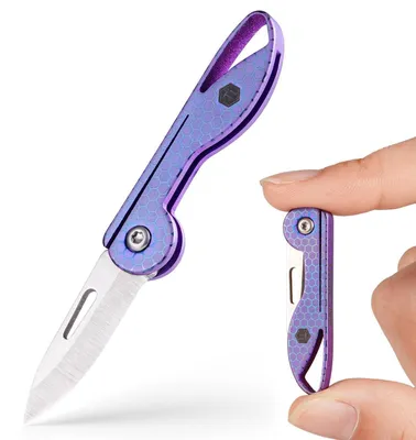 Immagine prodotto di Coltello tascabile pieghevole Mini, lama in acciaio 7Cr17Mov, manico in titanio TC4, colore viola, lama esagonale, lunghezza lama: 3 cm