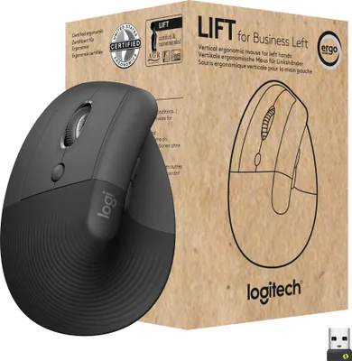 Zdjęcie produktu dla Logitech Lift for Business, Po lewej stronie, Projekt pionowy, Optyczny, RF Wireless + Bluetooth, 4000 DPI, Grafitowy