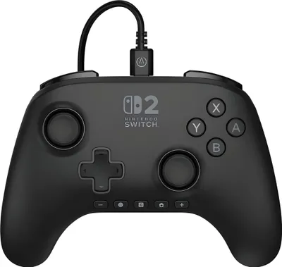 A black Nintendo Switch controller with a USB cable attached, shown from a front-facing perspective on a white background.