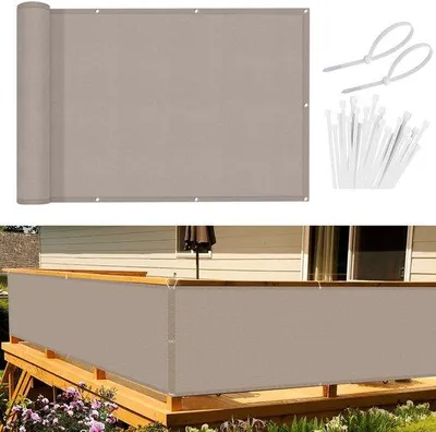 Imagen del producto de Ibenzoa® – Protector para balcones, 90 x 300 cm – Color taupe, poliéster impermeable de 170 g/m², protección UV de hasta el 95%, ojales de aluminio y bridas para cable