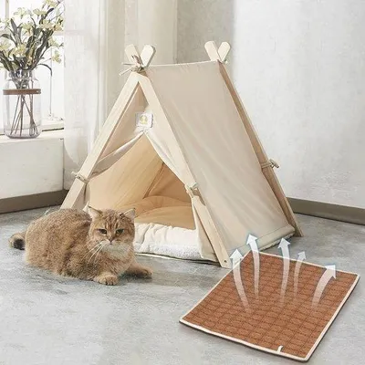 Image de Tente pour animaux de compagnie, tente pour chiens et chats, tente avec matelas imperméable pour animaux et tapis en bambou, pliable, 63 x 56,5 x 61 cm