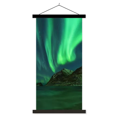 Produktbild von MuchoWow® Textilposter Nordlichter - Sternenhimmel - Norwegen 60x120 cm mit schwarzem Rahmen - Magnete