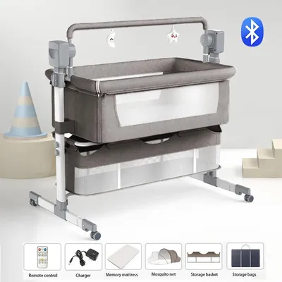 Obrázok produktu pre Postieľka pre bábätko - X601, multifunkčná postieľka 3 v 1 - Prenosná - 5 stupňov hojdania - Výškovo nastaviteľná - S kolieskami - Svetlosivá