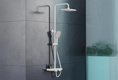 Produktbild von Duschsystem mit Thermostat BS371 Weiß matt, Regendusche Duschsystem, Duschbrause mit Anti-Kalk-Düsen, Höhenverstellbare Duschstange -Farbe: Weiß/Rosa
