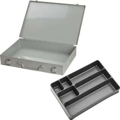 An open metal toolbox and a separate plastic organizer tray are shown against a white background.