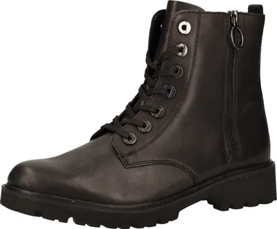 A black leather boot against a white background.
