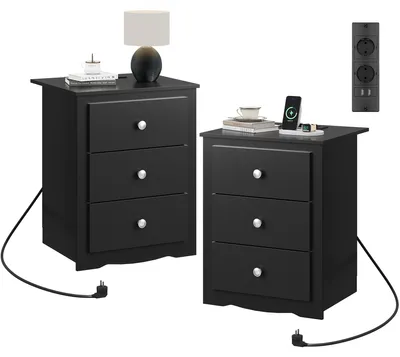 Produktbild von 3-Schubladen Nachttisch mit Ladestation, USB-Anschlüssen & Steckdosen, Aufbewahrungstisch für Schlafzimmer, Wohnzimmer, Büro (2, Schwarz)