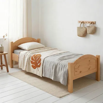 Produktbild von Massivholzbett FLIMS aus massiver Kiefer in buche, stabiles Bett in 90 x 200 cm, schönes Bettgestell mit Fuß- und Kopfteil