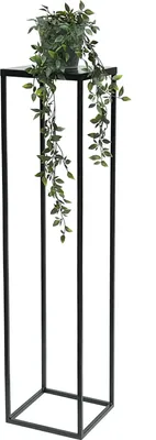A black metal plant stand with a potted plant on top.