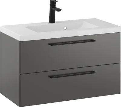 Produktbild von Rosen 80 cm Badezimmerschrank mit Waschbecken und Schwarz Griffen - Zeitloses Design für Elegantes Bad