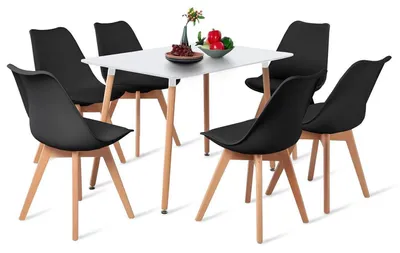 Immagine prodotto di Set da pranzo rettangolare: tavolo bianco con 6 sedie nere