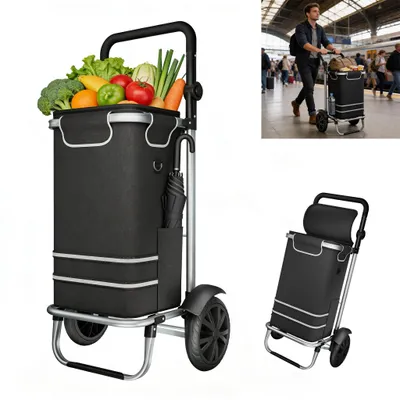 Productafbeelding van XMTECH boodschappenwagen met 56 liter tas, aluminium frame, 600D Oxford stof, inklapbare handwagen voor boodschappen, kamperen en tuinieren, zwart, 100 x 45,5 x 39 cm