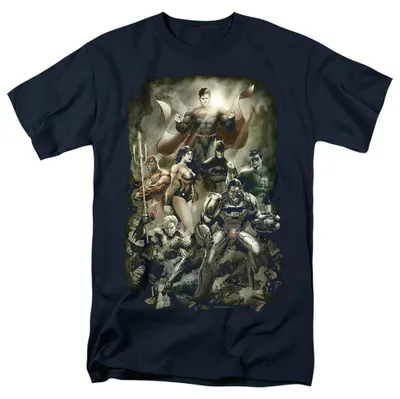 Imagen del producto de Camiseta uni para hombre/mujer de la Liga de la Justicia, diseño "Aftermath", modelo TV39281 (talla 5XL), color azul marino