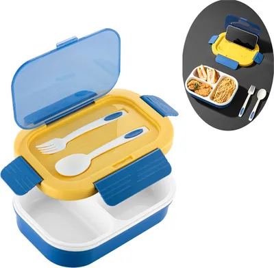 Produktbild von minhgoring Lunchbox, Brotdose Mit 3 Fächern und Besteck 900ml, spülmaschinenfest, Auslaufsicher Bento Box für Kinder und Erwachsene zum Essen auswärts(Blau)