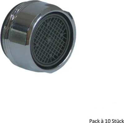 A close-up studio shot of a chrome faucet aerator on a white background.