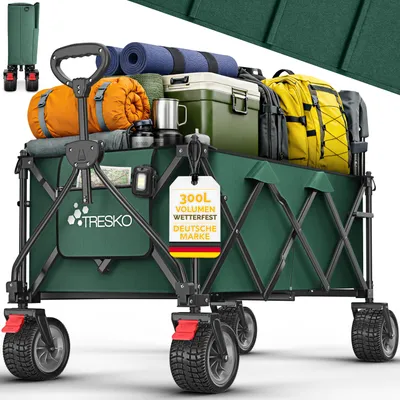 Produktbild von TRESKO® Bollerwagen faltbar 300L mit Bremse Grün | Handwagen klappbar 150kg inkl. Vollgummireifen | Faltbarer Strandwagen mit Extra Breite All-Terrain-Räder | Gartenwagen Transportwagen mit Tragetasche