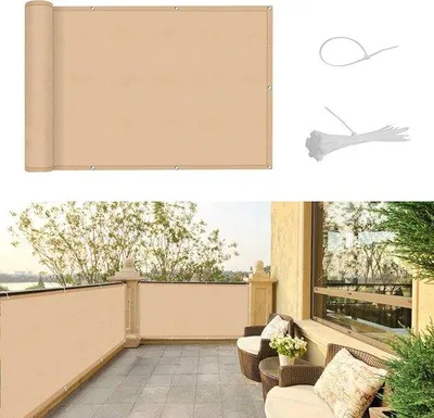 Produktbild von Schattenspender für Balkonen mit UV-Schutz und Maßen von 90 x 600 cm, in Sandbeige, aus PES-Folie, kabelgebunden und reißfest.