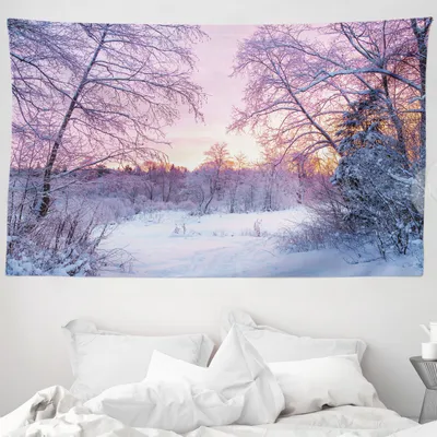Produktbild von ABAKUHAUS Landschaft Wandteppich, Braches Snowy Sunset aus Weiches Mikrofaser Stoff Waschbar ohne Verblassen Digitaldruck, 230 x 140 cm, Lavendel Lila Weiß