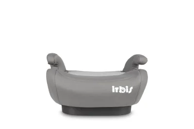 A gray car seat booster with the brand logo visible.