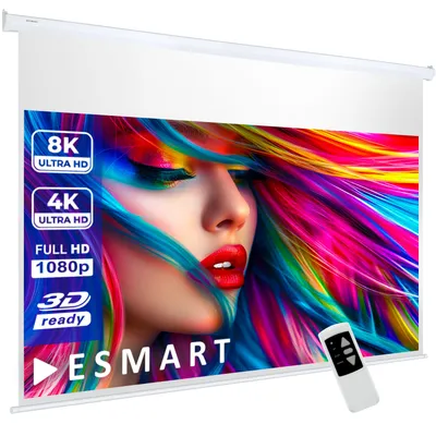 A projection screen displaying a vibrant image of a woman's face with colorful hair, with a remote control in the foreground.
