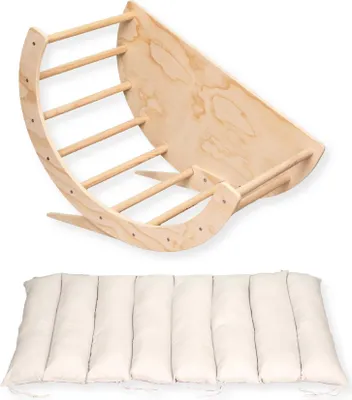 A wooden climbing arch and a padded mat are shown against a white background.