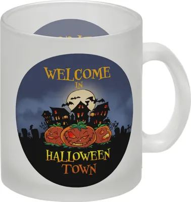 Produktbild von Glas Tasse mit gruseligem Motiv und Spruch - Welcome in Halloween Town -