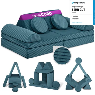 Produktbild von Linodino Spielsofa Cord - Kindersofa | Kinder Couch als Kuschelecke und Fantasiewelt | Kinder Sofa aus Schaumstoff Bausteinen I Tannengrün