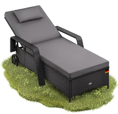 Produktbild von CASARIA® Sonnenliege mit Rollen 7cm Auflage Extra Breit 90cm Gartenliege Wetterfest 165kg Belastbar Verstellbar Balkonmöbel Liegestuhl Polyrattan Schwarz Anthrazit