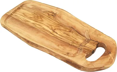 Produktbild von Steakbrett naturell mit Lasche und Saftrille Länge ca. 45 – 49 cm, Olivenholz