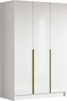 A white wardrobe with gold handles against a white background.