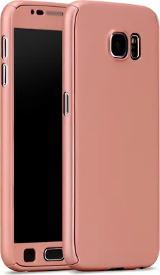 A rose gold colored phone case is shown from the front and side.