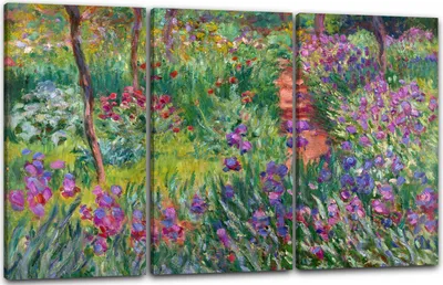 Produktbild von Leinwandbild 3-teilig (120x80cm): Claude Monet - Der Schwertlilien-Garten in Giverny, echter Holz-Keilrahmen inkl. Aufhänger, handgefertigt in Deutschland