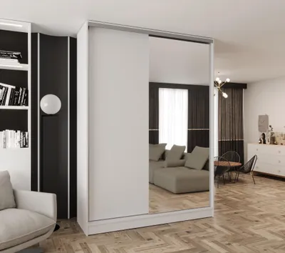 Produktbild von Schwebetürenschrank 2-türig 110x250x58 cm Weiß mit Spiegel – Moderner Kleiderschrank für Schlafzimmer und Flur