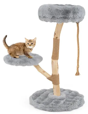 Image de COSTWAY Arbre à chat en bois 90 cm, arbre à chat avec 3 sièges en peluche, corde et poteau à griffer en jute, tour pour chat, meuble pour chat, arbre à grimper en bois massif (gris)