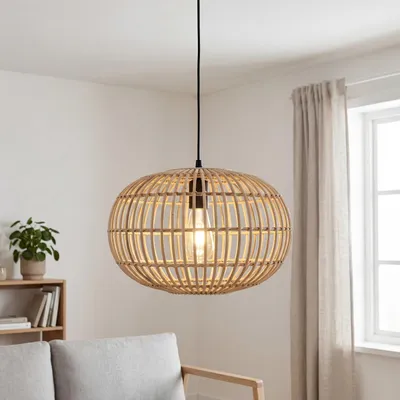 Produktbild von Hängelampe Bambus Korb Ø 40 cm rund H: max. 150 cm E27 Modern Hängeleuchte Schlafzimmer