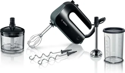 A Bosch hand mixer and its accessories are displayed against a white background.