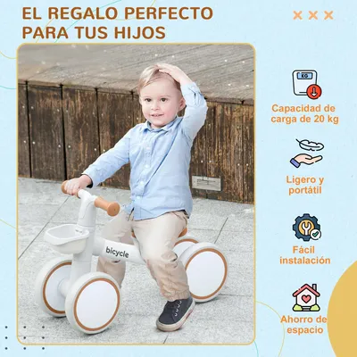 Productafbeelding van Loopfiets voor kinderen - Duwfiets zonder pedalen - 4 stille wielen - Verstelbare zitting - Metalen frame - Geschikt tot 20 kg - 56x27x39 cm - Wit
