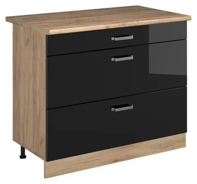 Produktbild von Küchenunterschrank Vicco R-Line Schwarz Hochglanz/Goldkraft Eiche 100 cm Arbeitsplatte Goldkraft Eiche, Model 71645
