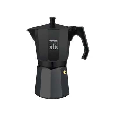A black moka pot on a white background.